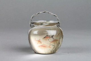 A Victorian novelty silver table vesta in the form of a glass and silver gold fish bowl painted with gold fish, London 1890, 1.5", stamped Thornhill London 