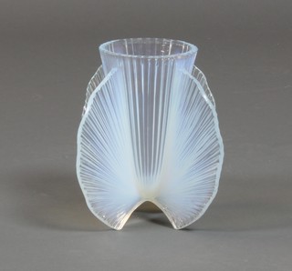 An Art Deco 1930's French opalescent tapered glass vase on shell supports 8"