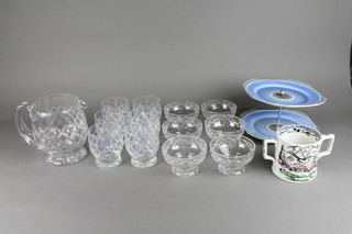 A Stuart crystal jug and 6 tumblers together with 6 cut glass dessert bowls, a Shelley 2 tier cake stand and a 2 handled mug 