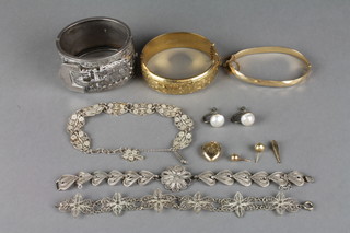 A Victorian silver buckle bangle and minor silver and other jewellery