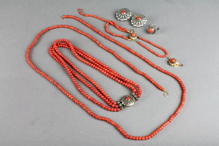 A string of coral beads 38" and minor coral jewellery