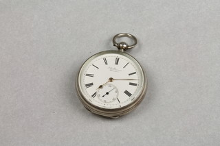 A silver pocket watch with seconds at 6 o'clock, the dial inscribed J W Benson London 