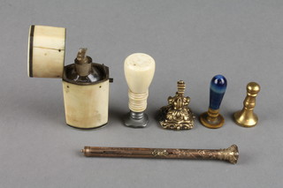 A 19th Century ivory etuis with plated mounts, 4 seals and a propelling pencil