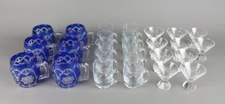 A set of 6 Czechoslovakian blue glass mugs, 10 cut crystal totts and 10 shot glasses 