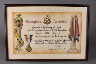 A WWI Old Contemptibles Association framed certificate dated 1914 