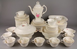 A Copeland Spode, Spodes jewel part dinner,tea and coffee service comprising coffee pot, 6 coffee cups, 10 saucers, 10 tea cups (1f), 10 saucers, 5 sandwich plates, 2 soup bowls and 4 saucers (1f), 4 small bowls, 3 dessert bowls, 2 tureens and 1 lid, 23 small plates (5f), 9 medium plates (3f) and 11 large plates (6f)