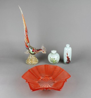 A Murano Figure of a standing cockerel 17", 2 Mdina polychrome vases and an orange glass bowl