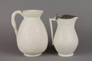 A Victorian Parian moulded baluster jug with rope twist handle 8" and a ditto jug with pewter lid 7"