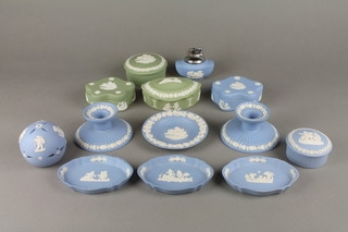 A pair of Wedgwood blue Jasper dwarf candlesticks 4" and 11 other items of Wedgwood Jasper Ware 