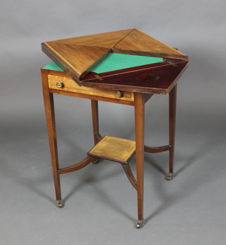 An Edwardian inlaid mahogany envelope card table fitted a drawer, raised on square tapered legs 30 1/2" x 20"w x 20"d