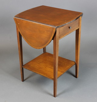 An Edwardian oval inlaid mahogany drop flap occasional table, fitted a drawer, raised on square tapering supports with under tier, 26"h, when closed 15"w, when fully extended and open 33"w x 19"d 