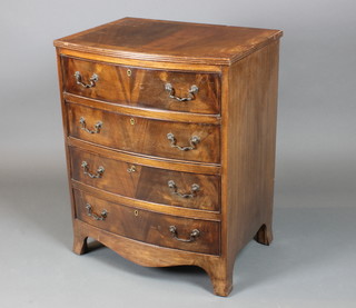A Georgian style mahogany bow front chest with crossbanded top, fitted 4 long drawers raised on bracket feet 20"h x 24 1/2"w x 18"d