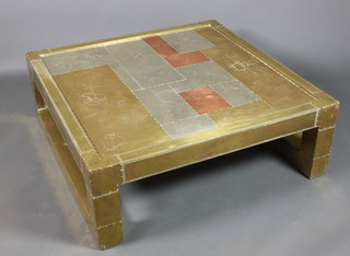 A Brazilian copper, brass and polished steel rectangular coffee table 16"h x 45"w x 45"