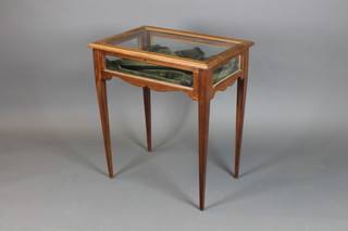 A rectangular inlaid mahogany bijouterie table with hinged lid raised on square tapering supports 28 1/2"h x 25"w x 17"d 