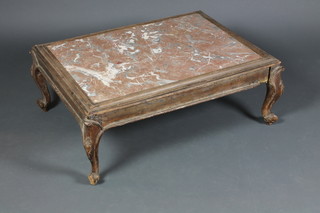 A 19th Century rectangular French elm occasional table with pink veined marble top, raised on cabriole supports 14"h x 37"w x 26"d 