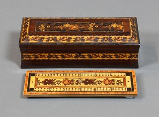 A Victorian Tunbridge Ware waisted rectangular card box with interior cribbage board and floral decoration by J G Wise, Jun., 2 1/2"h x 9"w x 3 1/2"d 