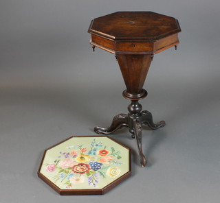 A Victorian walnut octagonal work box of conical form, raised on cabriole supports together with a later associated tapestry panel top, 28"h x 18"w x 8 1/2"d