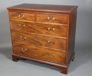 A Georgian mahogany chest with crossbanded top, fitted 2 short and 3 long drawers with brass escutcheons and original swan neck drop handles, raised on bracket feet 44"h x 45 1/2"w x 23"d