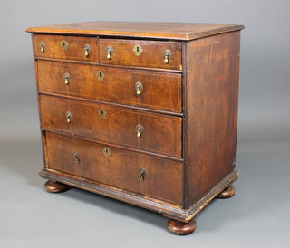 A Queen Anne  crossbanded and inlaid walnut chest of 2 short and 3 graduated long drawers with brass shield escutcheons and  brass pear drop handles with pierced back plates, raised on replacement bun feet 36"h x 38"w x 22"d
