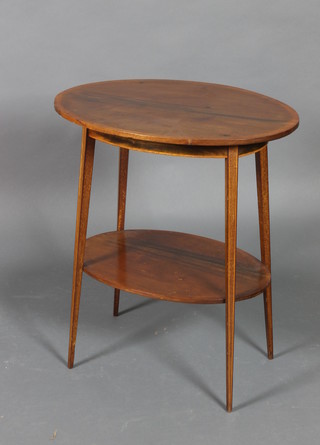 An Edwardian oval inlaid mahogany 2 tier occasional table raised on square tapering supports 27"h x 23"w x 16 1/2"d