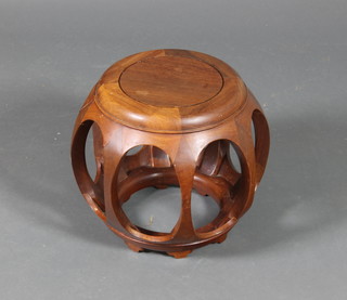 A Chinese circular Padouk drum shaped jardiniere stand 30"h x 14" diam.