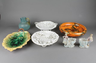 A Victorian crackle glazed baluster jug 7", a pair of bisque baskets, 2 bisque figures, a leaf dish and Burleigh ware bowl