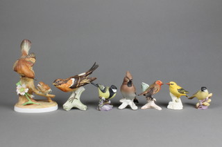 A Crown Staffordshire bird group - fly catcher 8" and 6 others