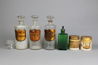 A set of 3 Victorian clear glass apothecary bottles 10" and 4 other items