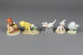 4 Royal Doulton figures - 101 Dalmatians Roley DM4 4", 101 Dalmatians Penny DM2 3", Piglet and the Balloon WP5 3", Piglet The Windy Day WP2 4" and a Hummel figure of a girl with chicks 3" 