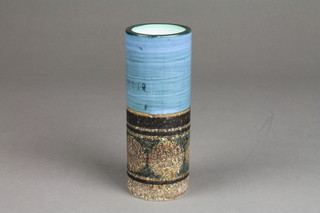 A Troika cylindrical half glazed vase with a band of geometric decoration 6"