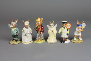 6 Bunnykins figures Tennis Ace DB42 3", Bogey DB32 3", Angel DB196 3", Mister DB5, Lollypop man DB65 and Cook DB85