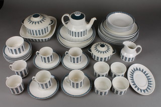 A Royal Doulton Moonstone oven proof and table service comprising coffee pot, 6 coffee cups, 4 saucers, sugar bowl, cream jug, casserole, 2 lidded tureens, 4 terrines, 6 dessert bowls, 8 small plates, 6 medium plates, 6 dinner plates, 2 meat plates and a stand