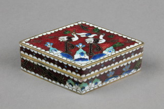 A cloisonne diamond shaped box, the red ground decorated with heron amongst flowers 4" 