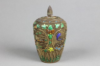 An early 20th Century Chinese silver gilt oviform vase and cover decorated with panels of trees, horses, birds and fish, amongst stylised foliage and corn 7" 