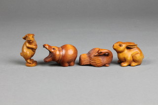 3 modern Japanese Netsuke in the form of animals and a ditto carving of a standing rabbit 