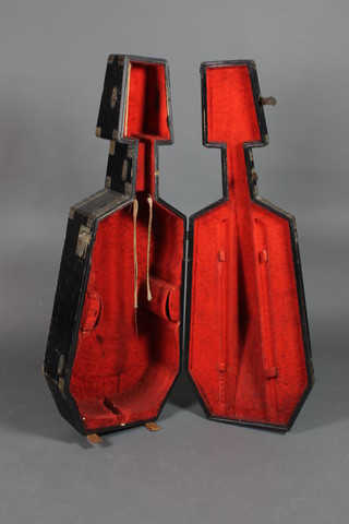 An ebonised, wooden and metal bound Cello case 53"h x 6 1/2"d x 20"w 