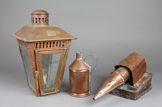 A copper and elm Bee smoker, a cylindrical copper jug 6" and a waisted copper and brass lamp 4 1/2"