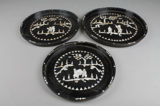 3 circular Chinese graduated lacquered trays decorated figures 12", 11" and 10"