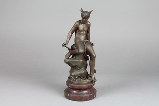 After Bouret, a spelter figure of a seated faun, marked the Arts Union of London, raised on a marble socle base 12"