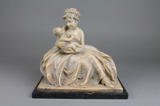 J Damnigga, a Belgian resin figure group of mother and child, raised on a marble base 13" 