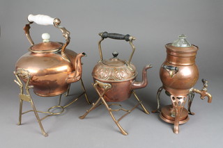 2 copper spirit kettles (no burners) together with a copper twin handled urn complete with burner 