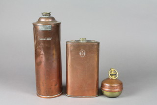 A circular copper and brass hot water bottle 2", a copper foot warmer marked C B C 8", a copper hot water bottle marked Shirley's "Hecla" 