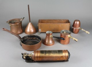 An Auto mini minx hand pump fire extinguisher, a rectangular copper planter 14", a copper saucepan with iron handle 7 1/2", a copper barrel funnel and other items of copper
