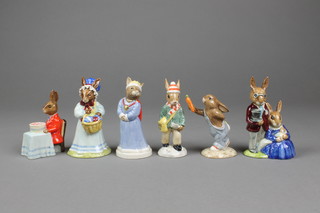 6 Royal Doulton Bunnykins figures - Happy Birthday DB21 3", Paperboy DB77 3.5", Mother's Day DB155 3", Family Photograph DB1 4", Royal Family Queen Sophie DB46 4" and Mrs Bunnykins at the Easter Parade DB19 4"