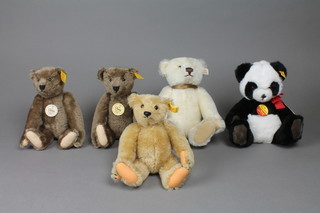 2 brown 1905 reproduction classic Steiff teddybear 10", a yellow Steiff teddybear 9", a Steiff Panda 10" and a white Steiff teddybear to commemorate the 150th Anniversary of Margarete 9"