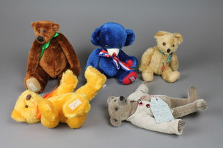 A Deans limited edition brown bear with medallion 13", a Clemens yellow bear 9", a Merrythought blue bear 10", a Deans Rag Book yellow teddybear with articulated limbs 11" and a Sylvia Van Otterloo bear 10"