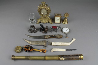 An Eastern danger with 5 1/2" blade, brass scabbard, horn handle, 1 other, a 3 draw pocket telescope and other curios