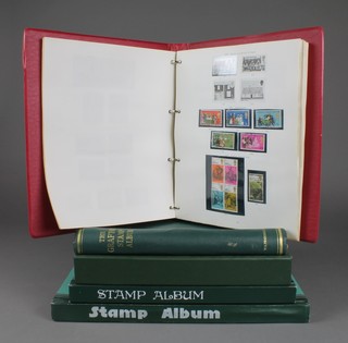 A red Stanley Gibbons Great Britain stamp album, a Grafton green stamp album, a Stanley Gibbons green Windsor loose leaf stamp album, 2 stock books