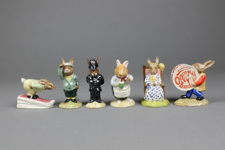6 Bunnykins figures - Downhill DB31 3", Mr Apple DBH2 4", Drummer From the Umpa band DB26 4", Susan as Queen of the May DB83 4", Policeman DB64 4" and Bogey DB32 4"