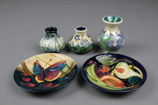 5 modern Moorcroft items comprising squat baluster vase 1.5", similar ditto 1.5", a baluster ditto 3" and 2 decorative dishes 4" 